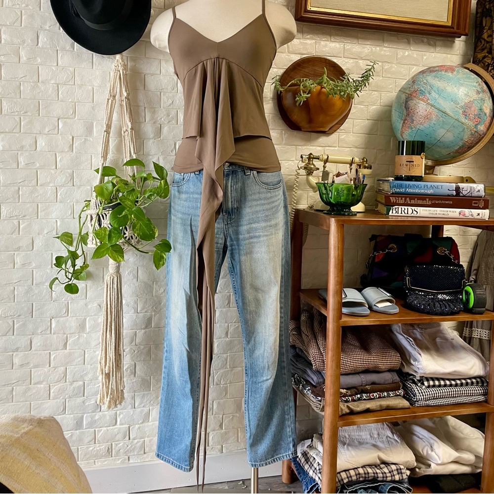 Maya Negri Olive Green Spaghetti Strap Dramatic Tassel Front Tank Top